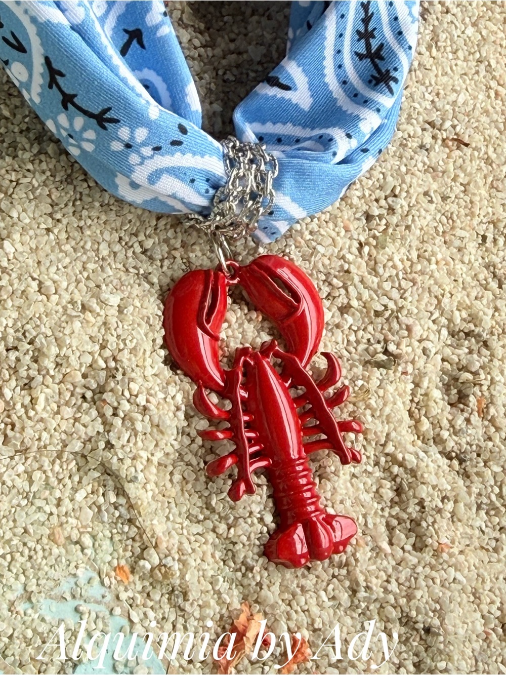 VACATION + blue bandanna big red lobster Charm Necklace